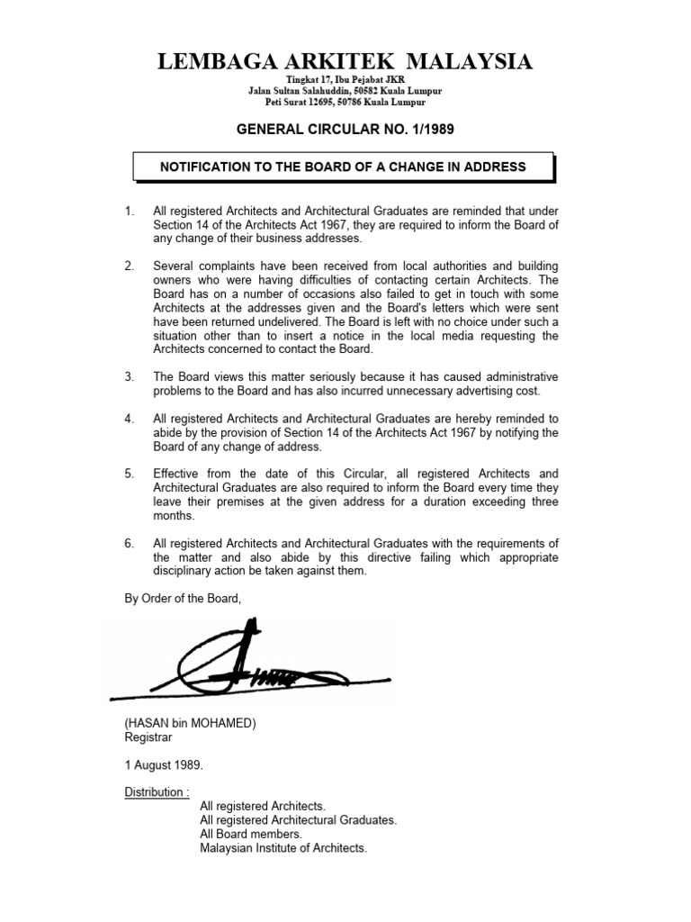 1989 No 1 Notification To The Board of A Change in Address | PDF