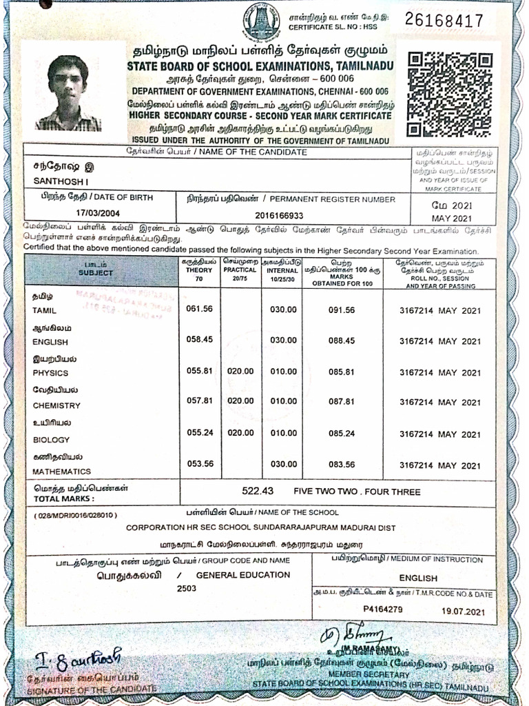 Santhosh Document 12 TH MARK SHEET | PDF