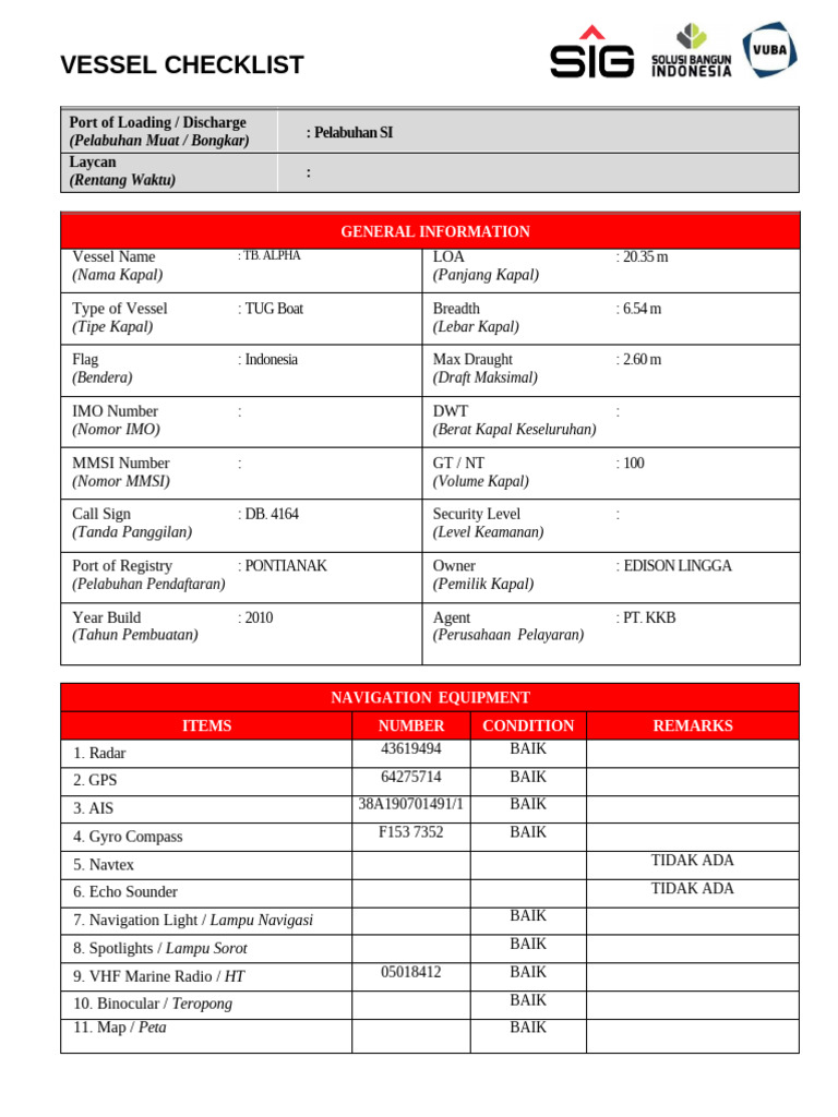 Vessel Checklist for Tug Boat TB. ALPHA | PDF | Shipping | Water Transport
