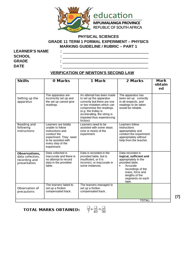 Grade 11 Term 1 Formal Experiment (Part 1) Marking Guideline | PDF ...