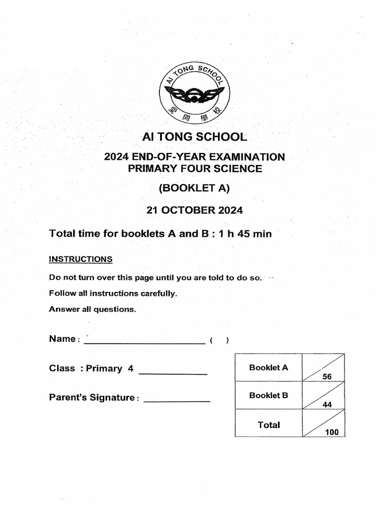 2024 P4 Science End of Year Exam Ai Tong | PDF