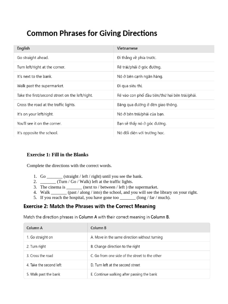 Essential Direction Phrases Exercise | PDF