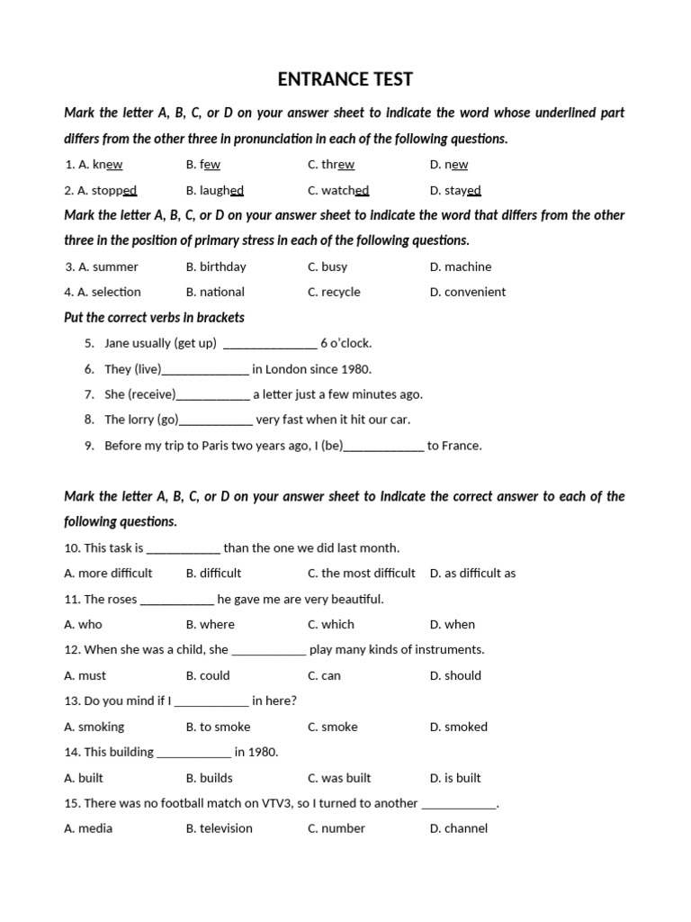 ENTRANCE TEST | PDF | Linguistics