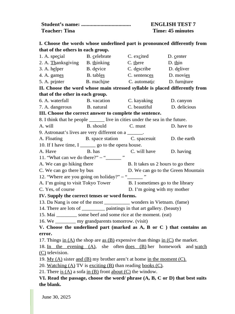 English Test 7 for Students | PDF