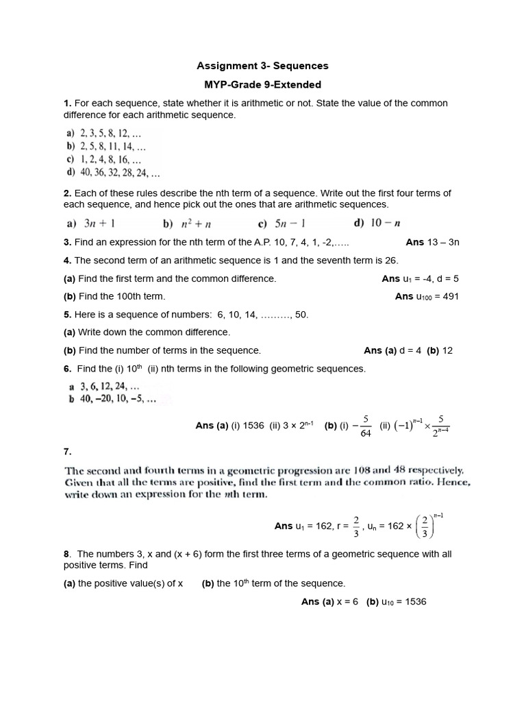 Grade 9 Arithmetic and Geometric Sequences | PDF | Chess Theory ...