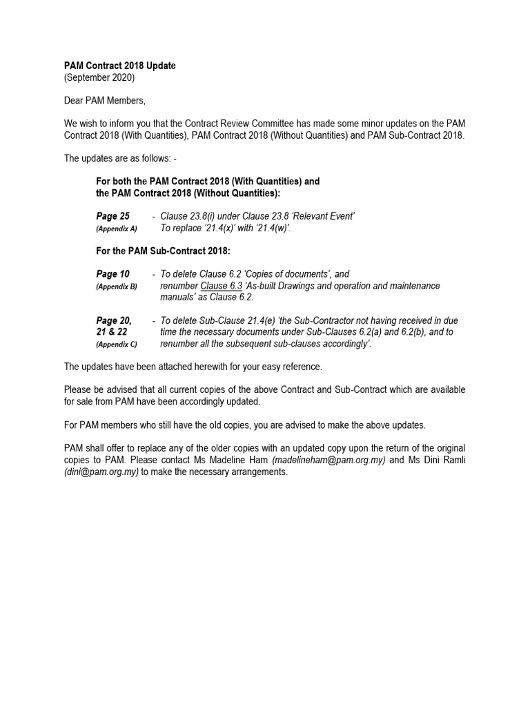 PAM Contract 2018 Updates Summary | PDF | Breach Of Contract | Negligence