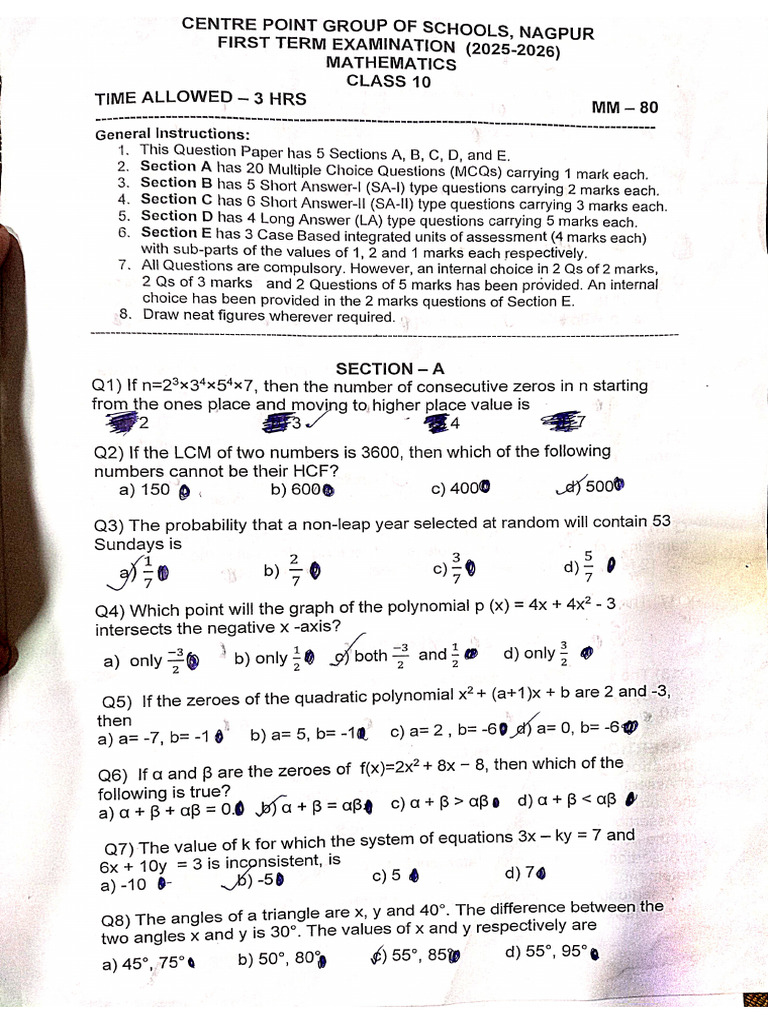 Class 10th Term 1 Maths Question Paper | PDF