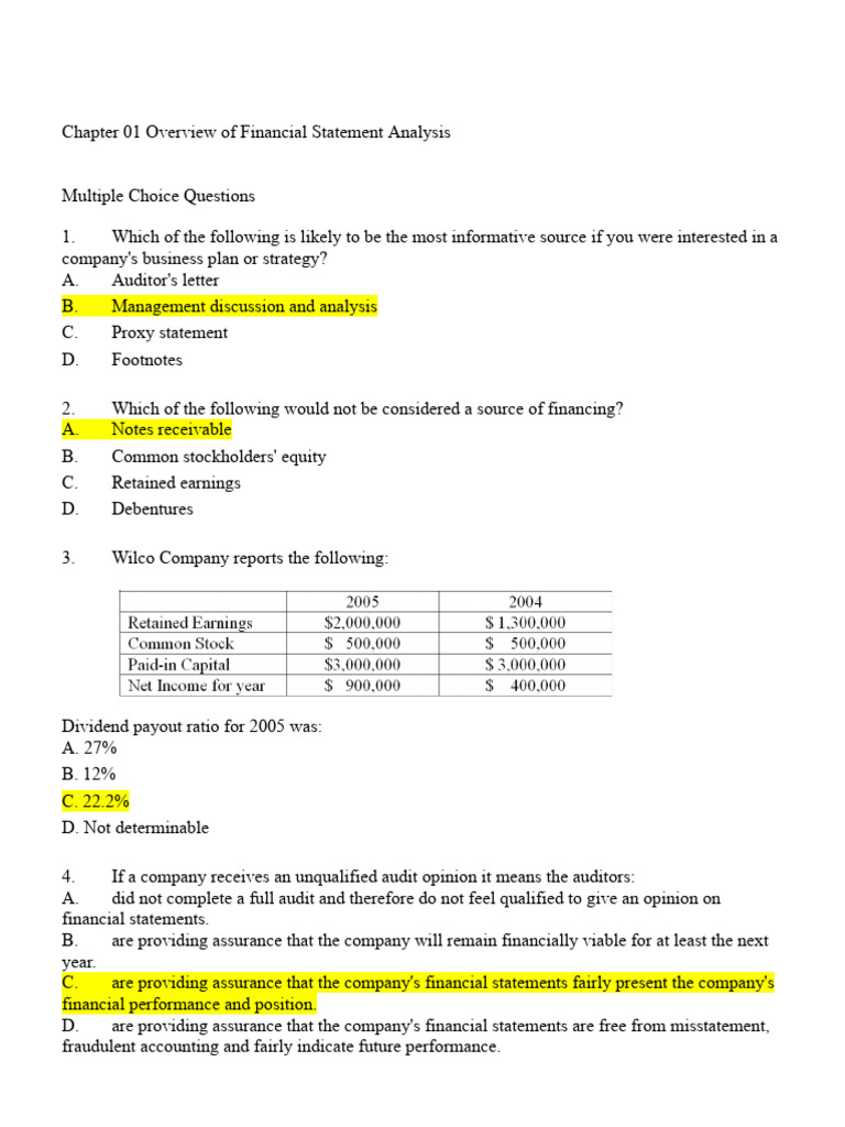Financial Statement Analysis Quiz | PDF | Equity (Finance) | Stock ...