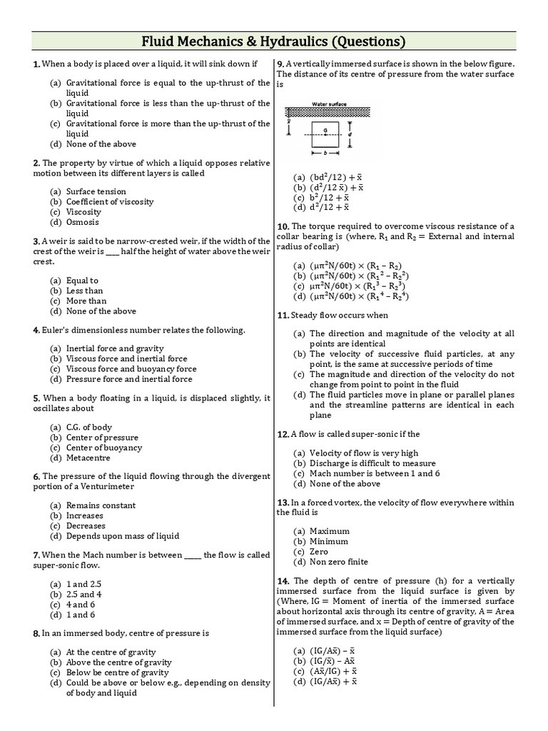 Fluid Mechanics & Hydraulics Quiz Questions | PDF | Fluid Dynamics ...