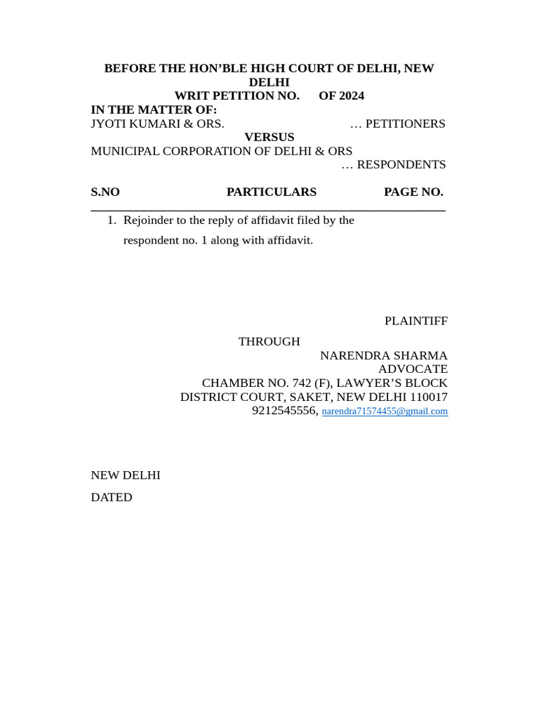 Rejoinder - Jyoti Kumari Vs MCD | PDF | Affidavit | Negligence