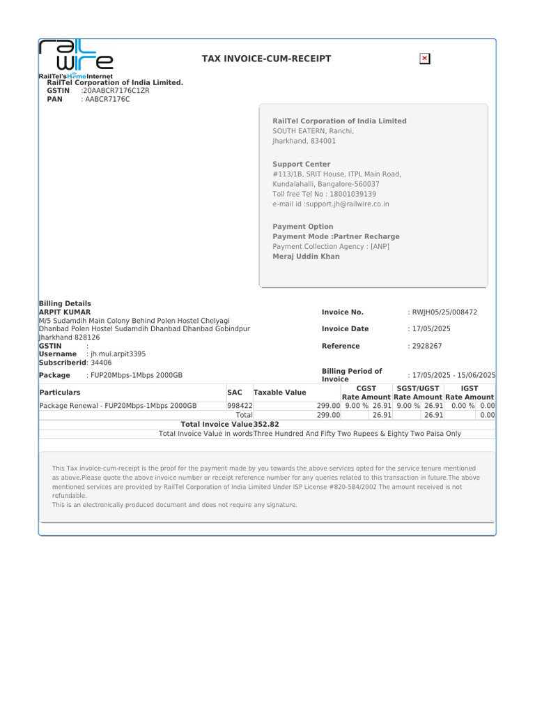 Railwire Subscriber Invoice | PDF | Taxation | Government Finances