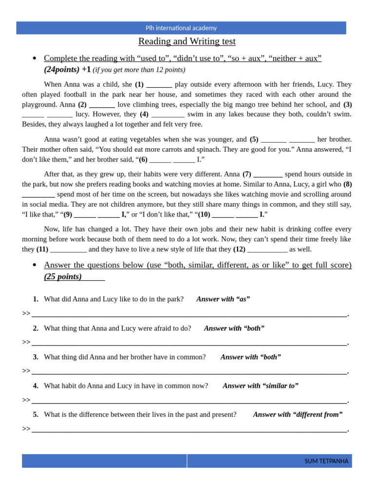 Reading and Writing Test Instructions | PDF