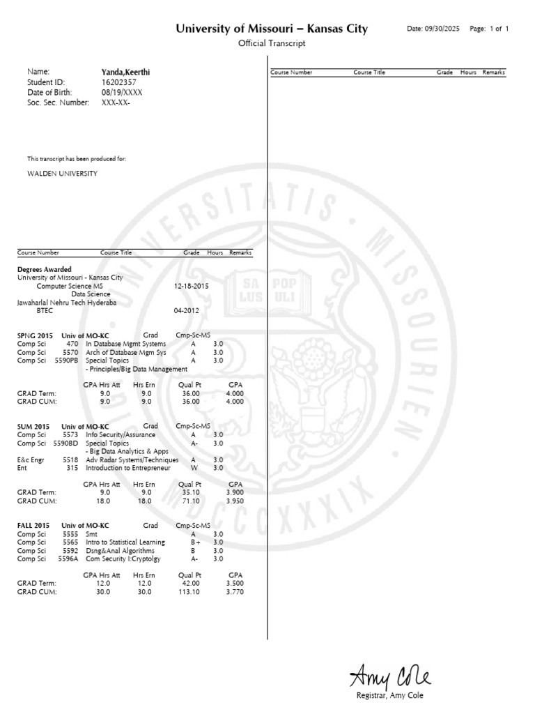 Keerthi Yanda Transcript | PDF | Academia | Higher Education