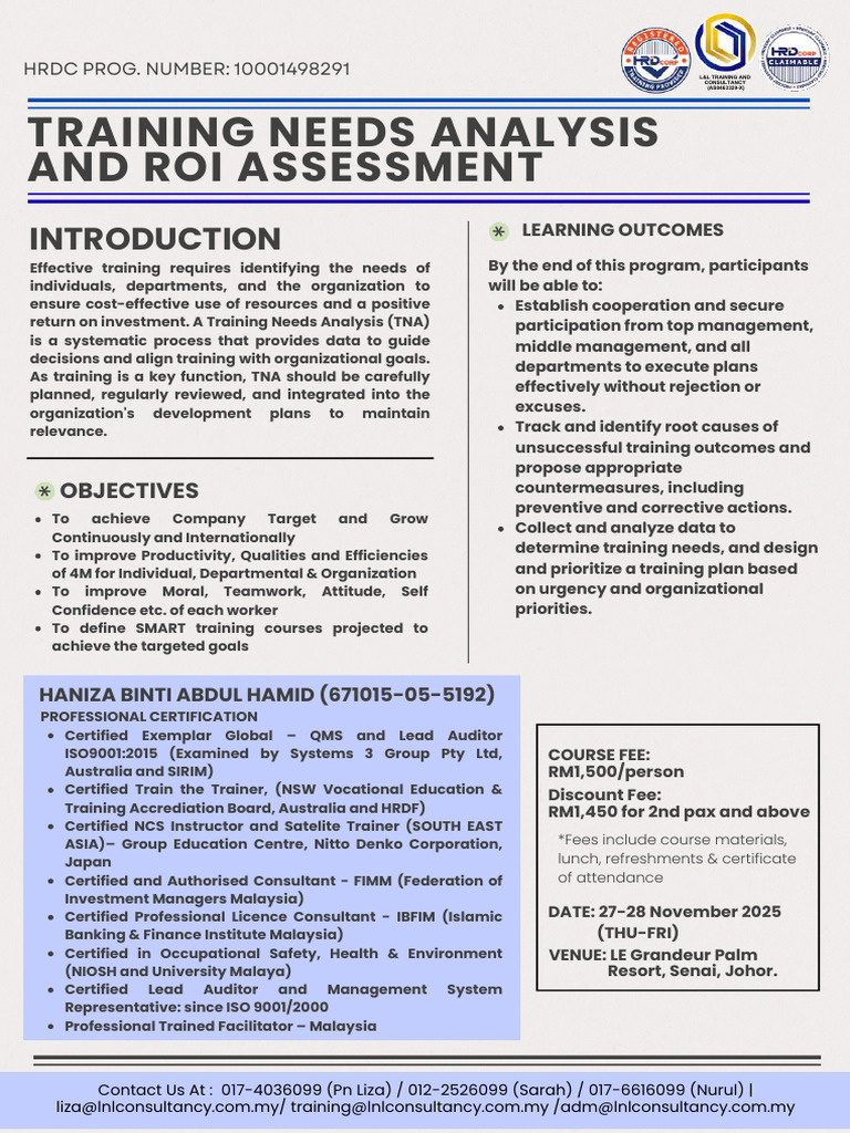 Training Needs Analysis & ROI Workshop | PDF | Payments | Return On ...
