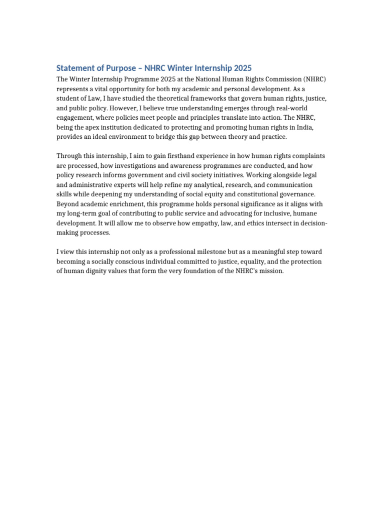 NHRC Winter Internship 2025 Statement | PDF