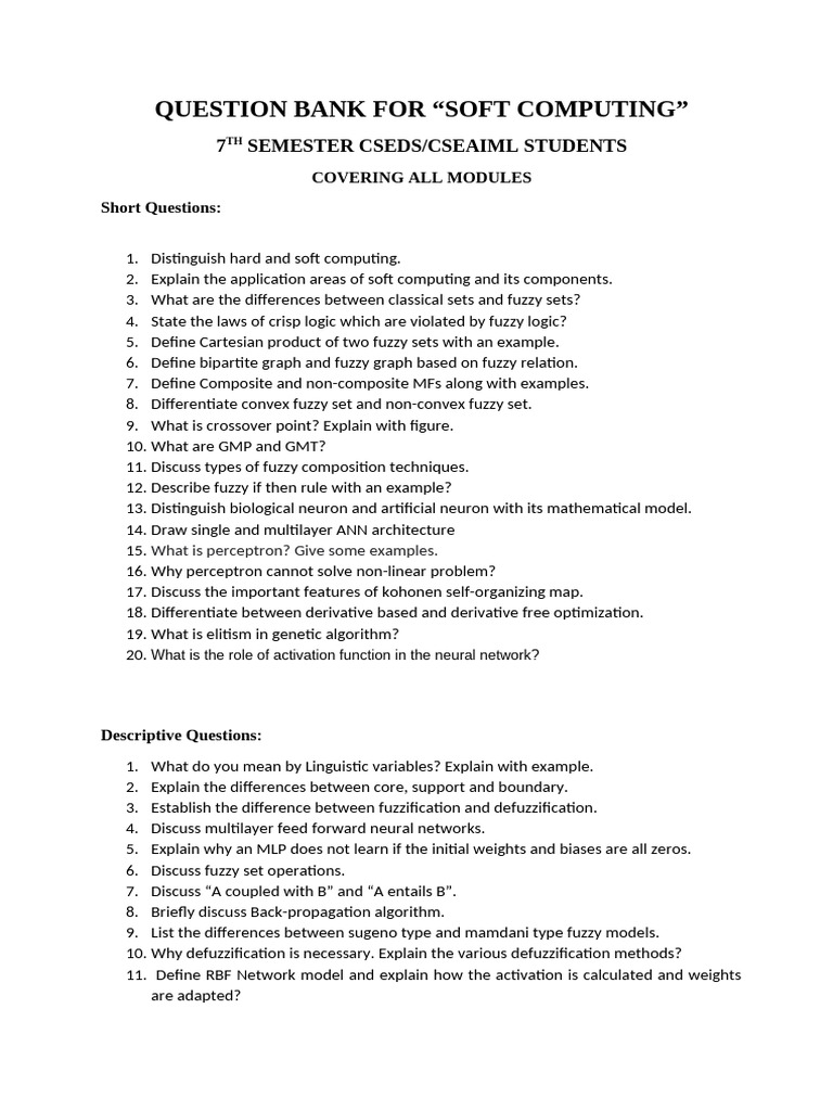 Soft Computing Question Bank for CSE Students | PDF | Fuzzy Logic ...