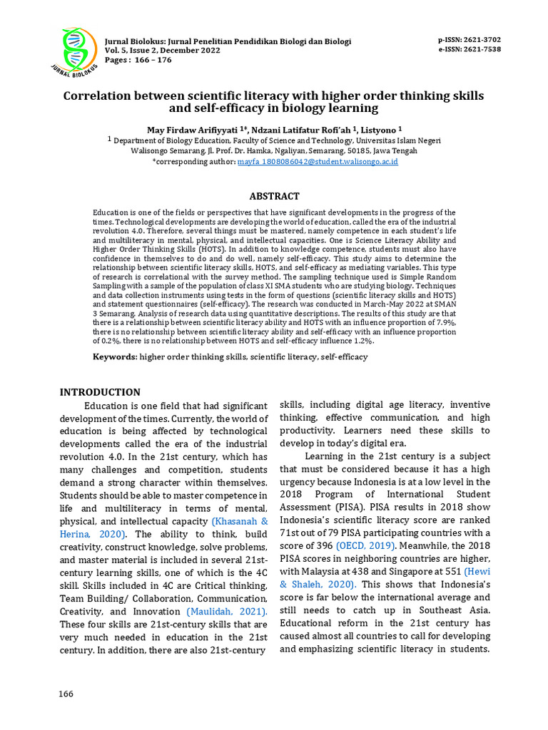 Scientific Literacy and HOTS in Biology | PDF | Coefficient Of ...
