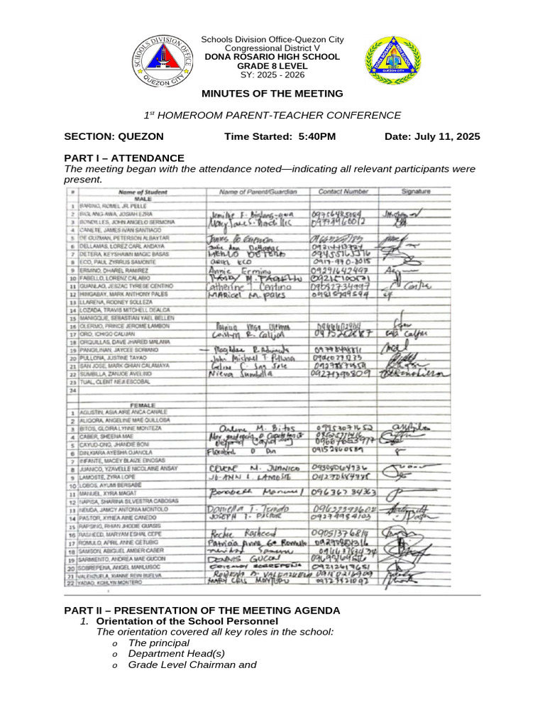Minutes of The Meeting-Grade 8 Quezon | PDF