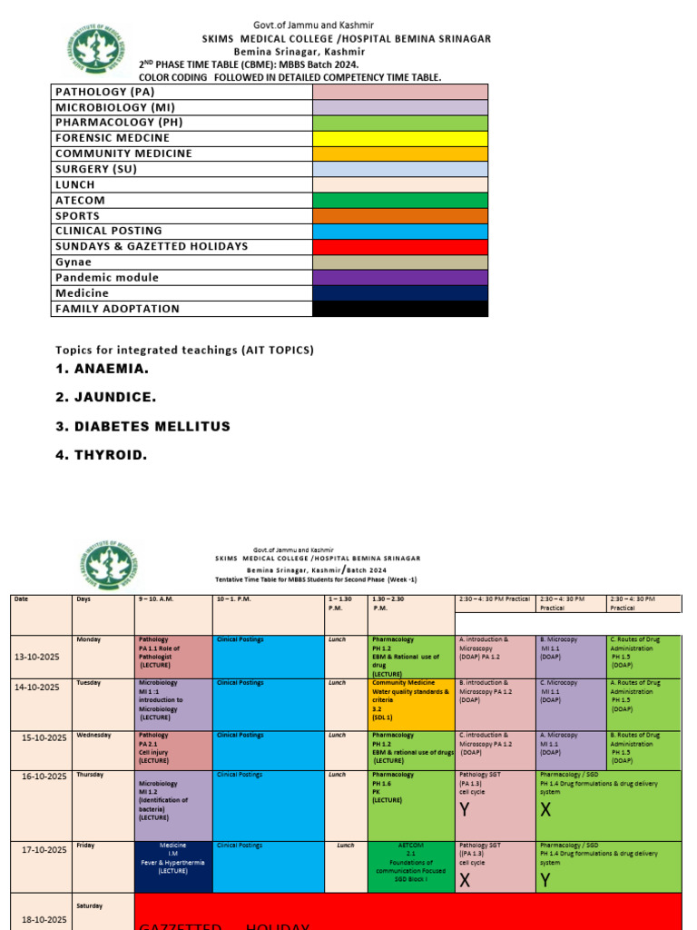 MBBS 2024 Phase 2 Time Table SKIMS | PDF | Pharmacology | Pathology