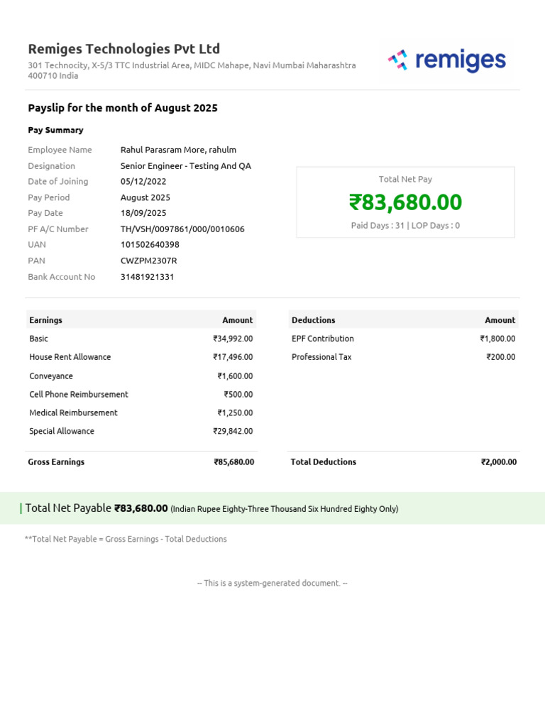 August 2025 Payslip for Rahul More | PDF
