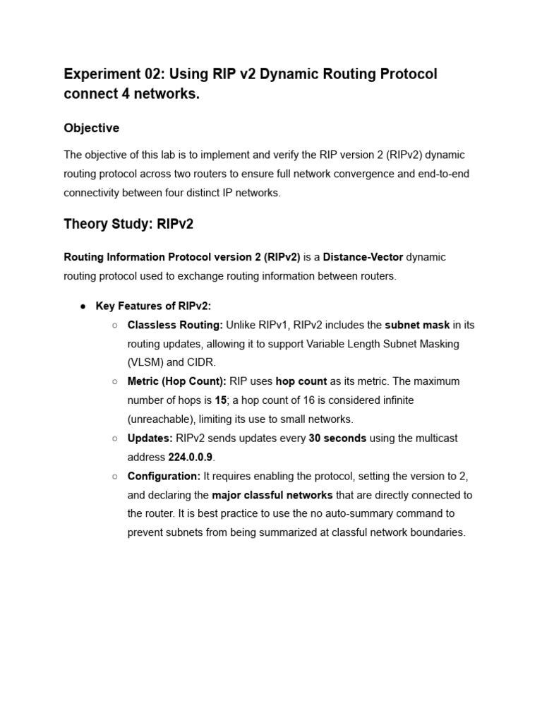 Experiment 02 - Using RIP v2 Dynamic Routing Protocol Connect 4 ...