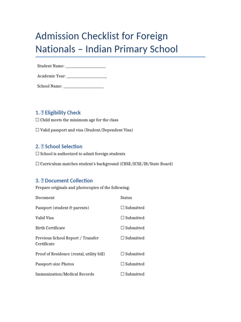 Foreign Student Admission Checklist India | PDF