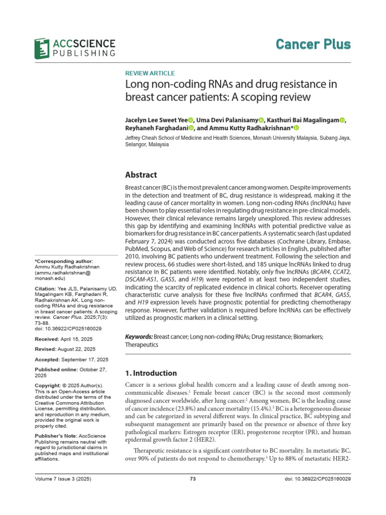 Long Non-Coding RNAs and Drug Resistance in Breast Cancer Patients A ...