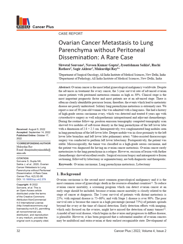 Ovarian Cancer Metastasis to Lung Parenchyma Without Peritoneal ...