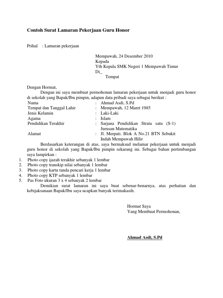 Contoh Surat Lamaran Pekerjaan Guru Honor Pdf