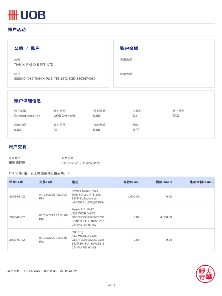 Tian Xi F & B Pte LTD - Uob - 2025-05 | PDF