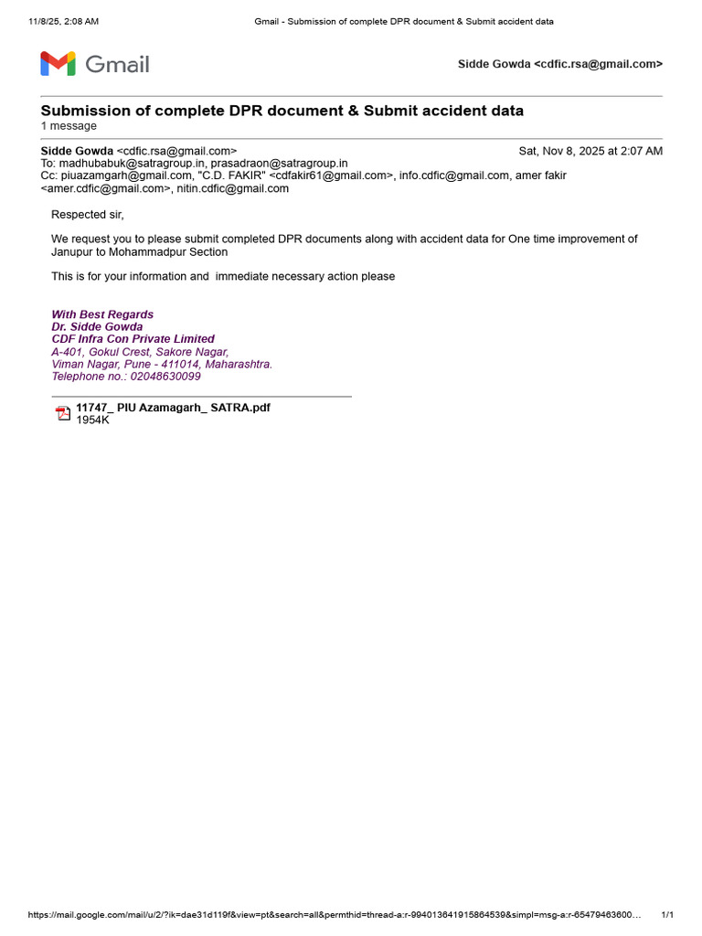 Gmail - Submission of Complete DPR Document & Submit Accident Data | PDF