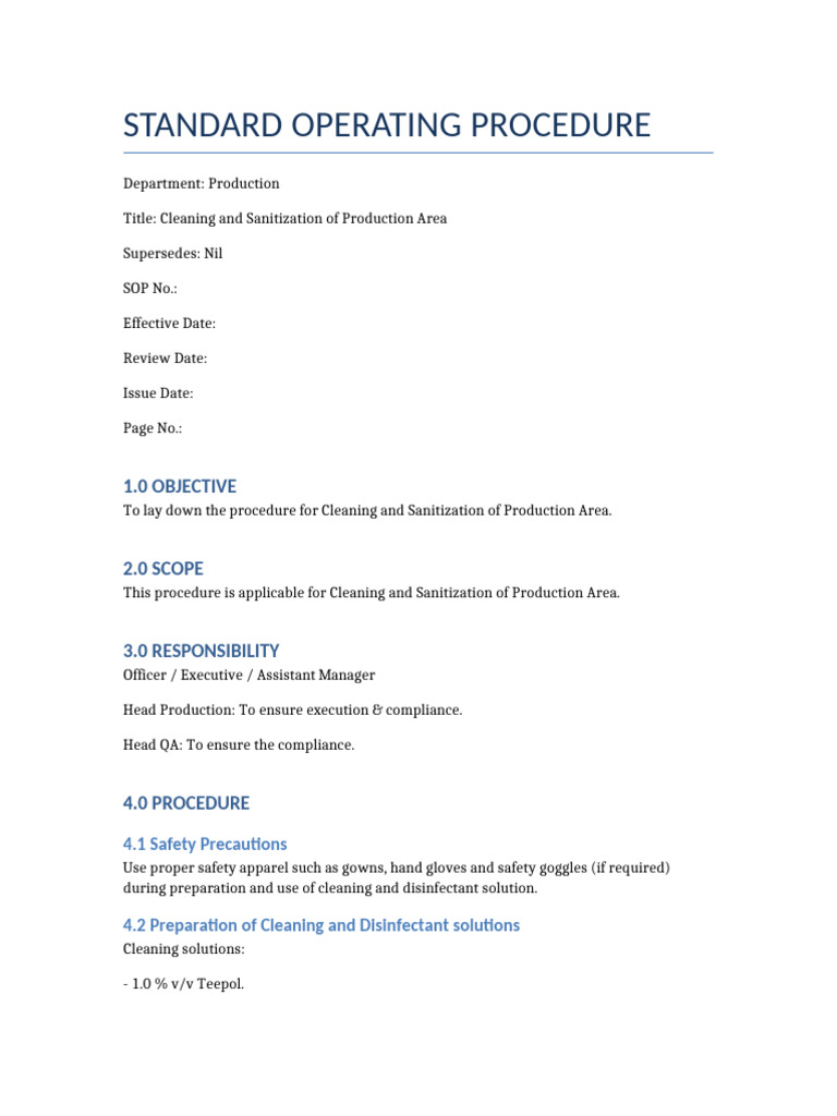 Production Area Cleaning SOP | PDF | Disinfectant | Litre