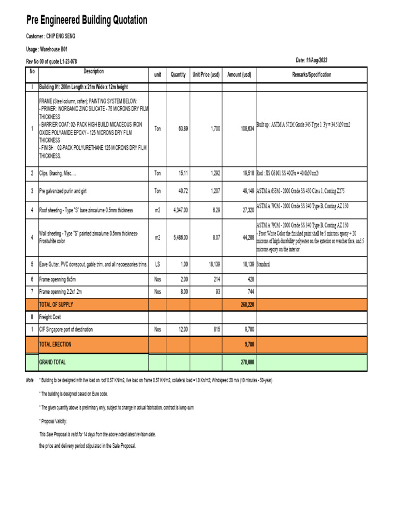 Pre-Engineered Building Quote Summary | PDF | Paint | Materials