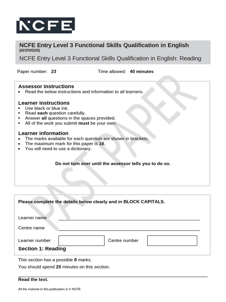 Entry Level 3 English Reading Assessment | PDF | Learning | Human ...