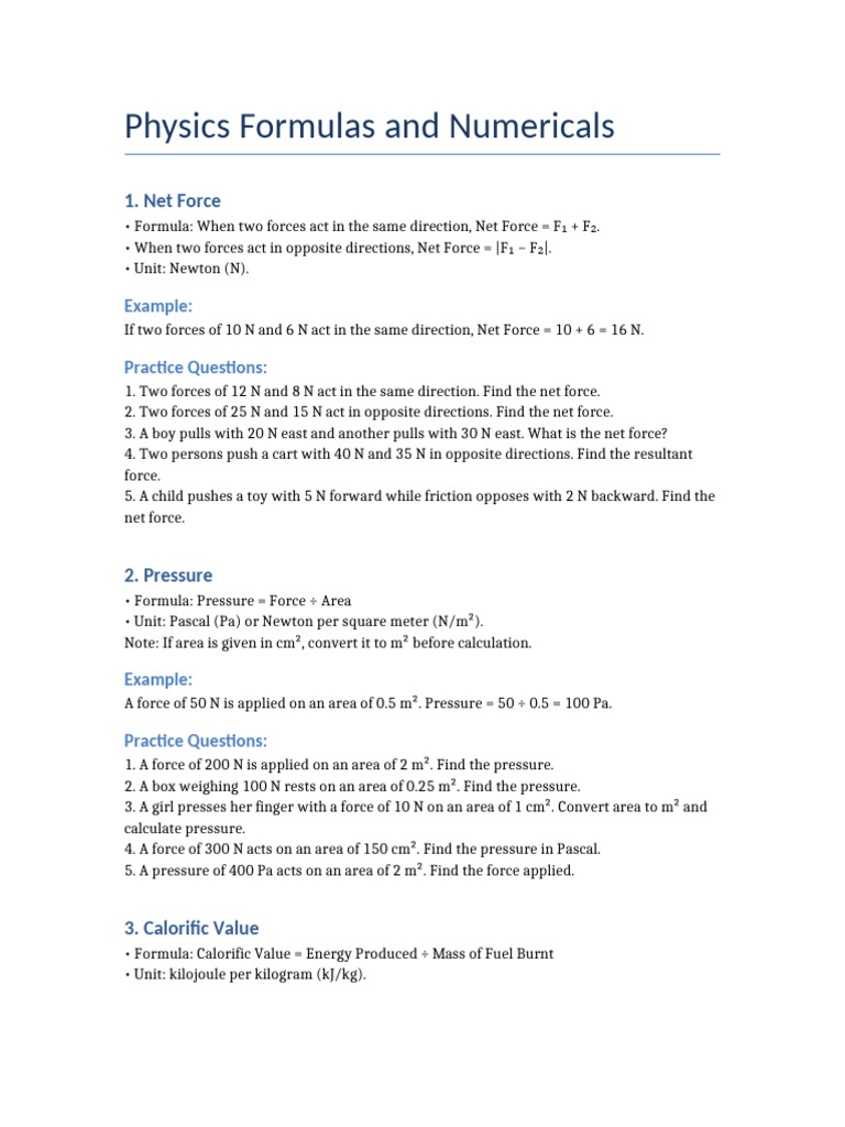 Physics Formulas and Practice Problems | PDF | Force | Calorie