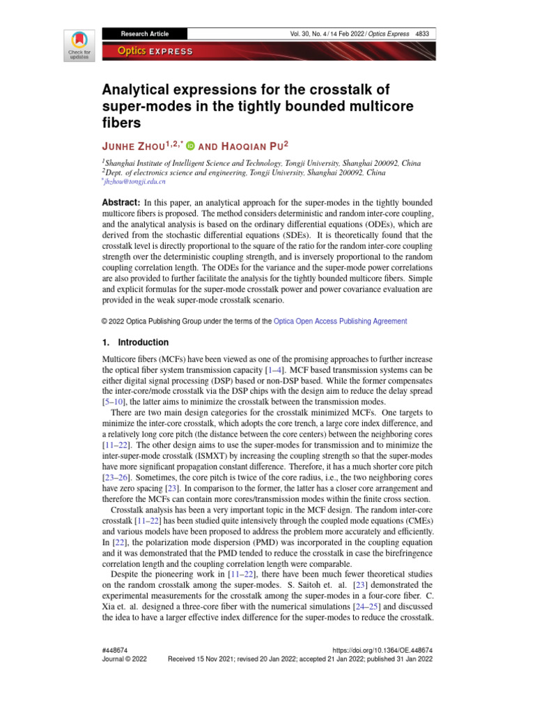 Super-Mode Crosstalk in Multicore Fibers | PDF | Stochastic ...