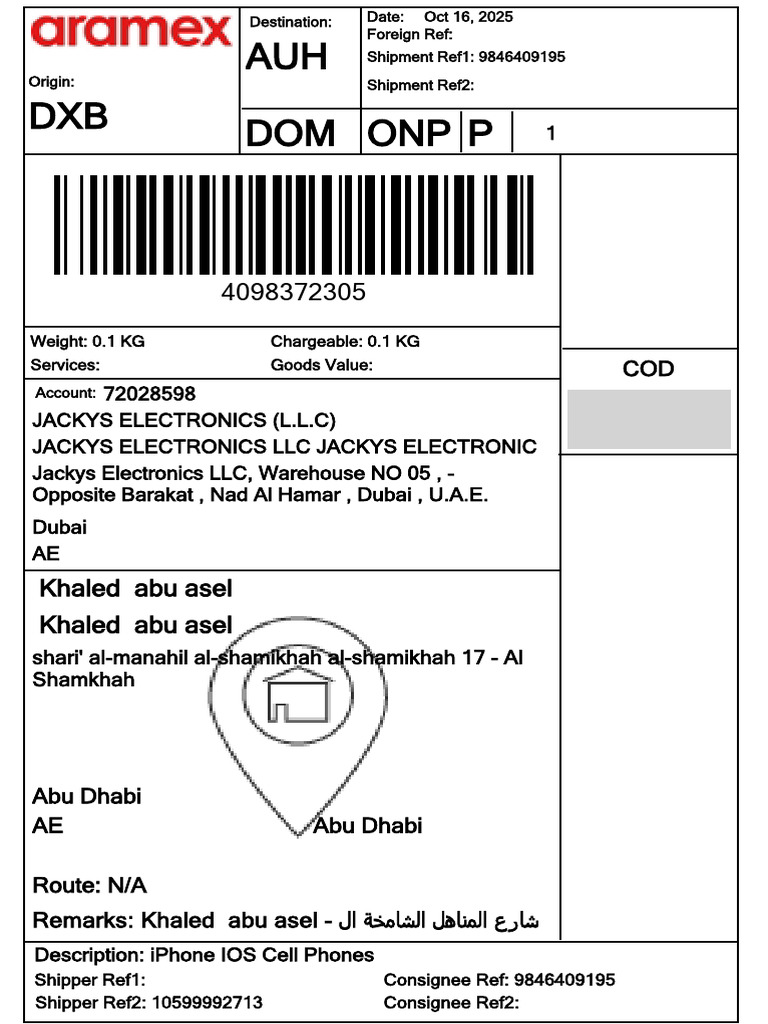 Khaled Abu Asel Khaled Abu Asel: Consignee Ref: 9846409195 Shipper Ref1 ...