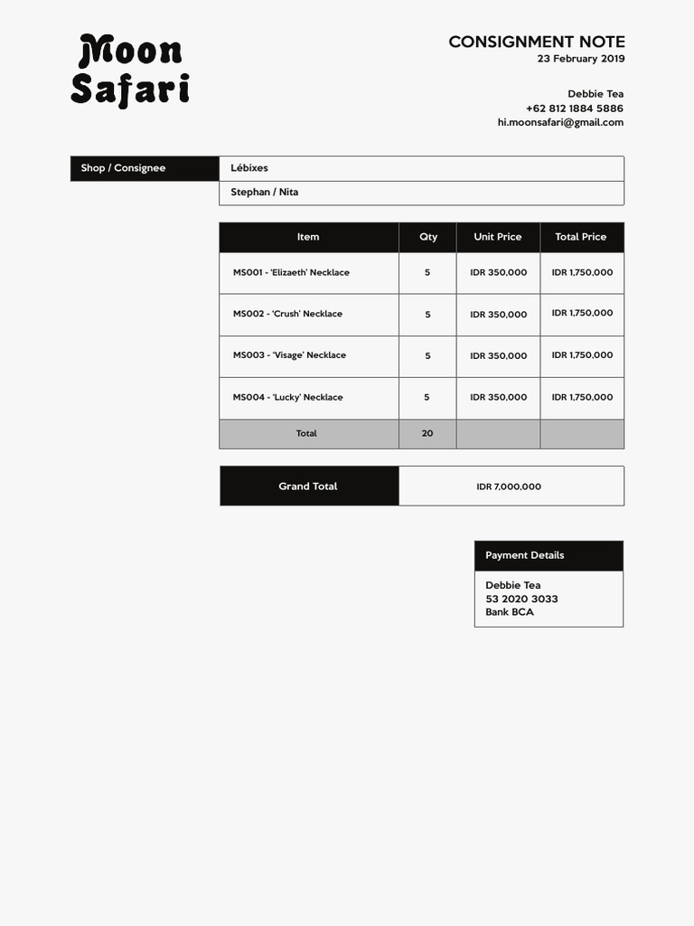 Consignment Invoice for Necklaces | PDF