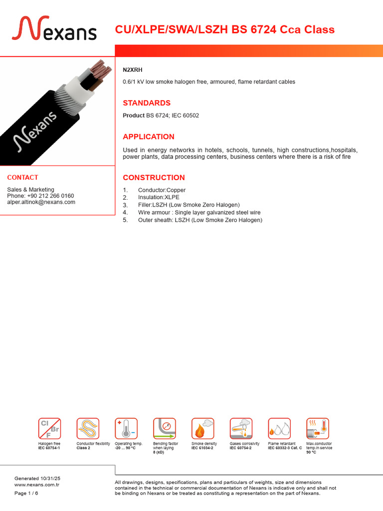 Nexans Cu Xlpe Swa LSZH Bs 6724 Cca ... | PDF | Manufactured Goods ...