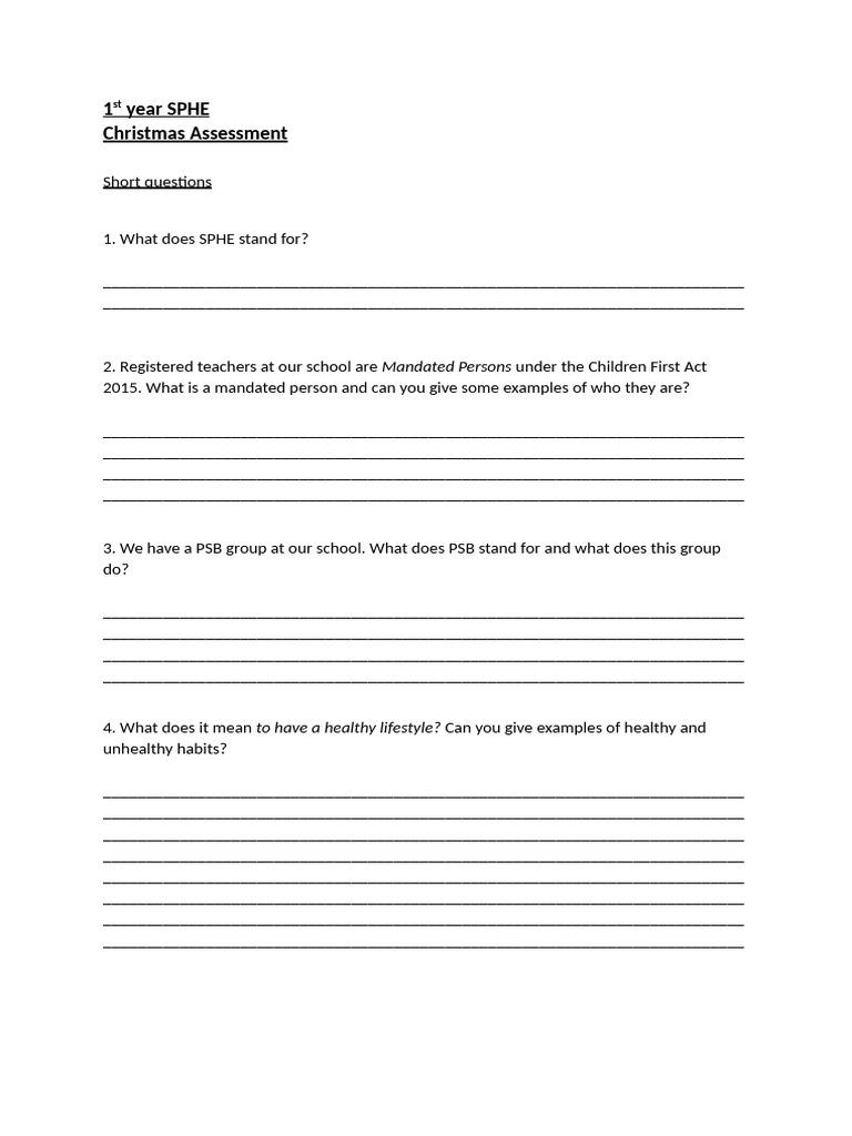 1st Year SPHE Christmas Assessment | PDF | Bullying | Injustice
