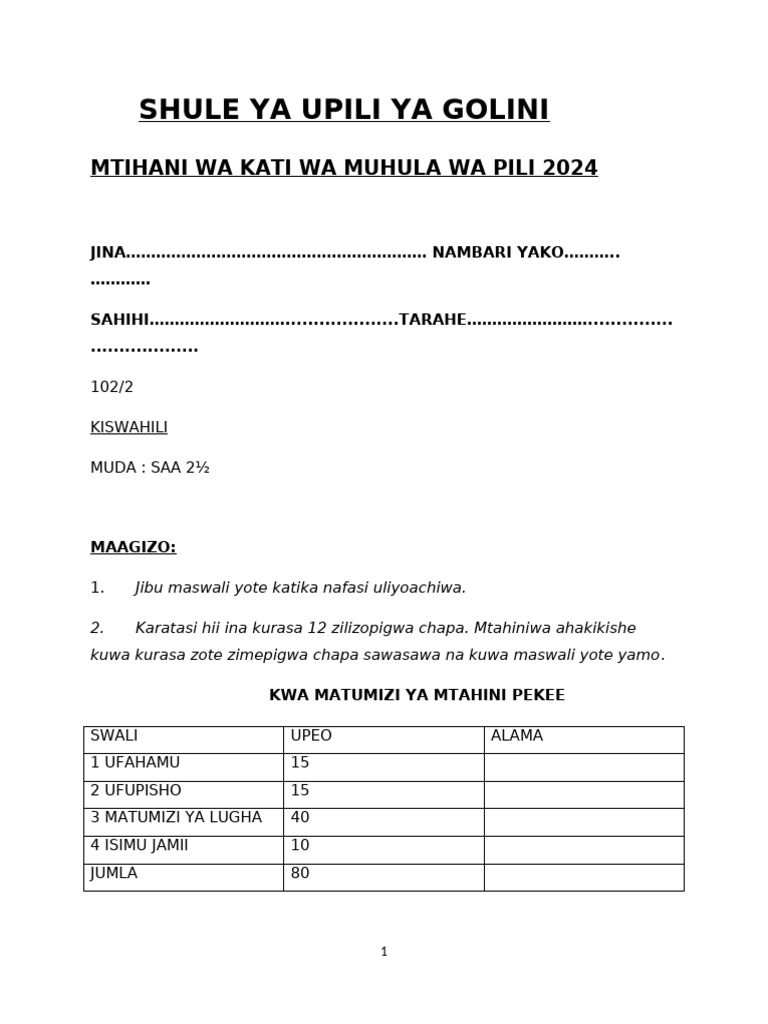 102 KISWAHILI Form 3 End Term 1 Exam Questionns-1 | PDF