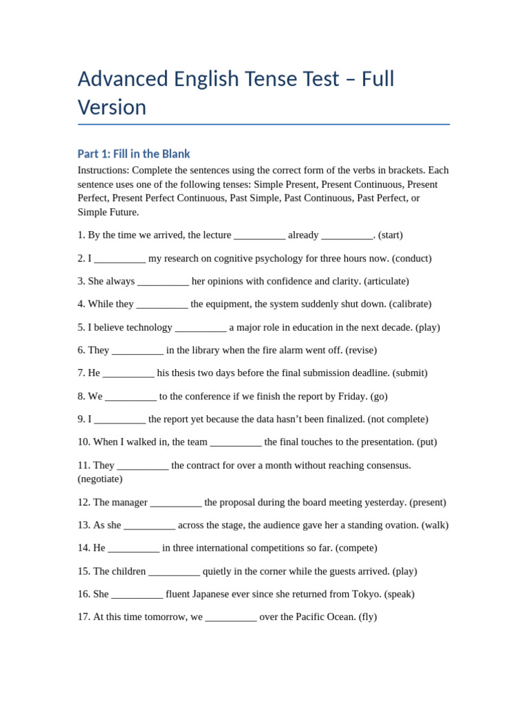 Advanced English Tense Practice Test | PDF | Grammatical Tense ...