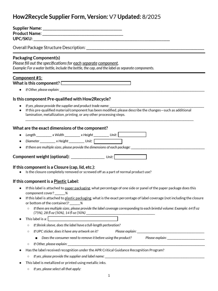 How2Recycle Supplier Form V7 | PDF | Polyethylene | Chemical Substances
