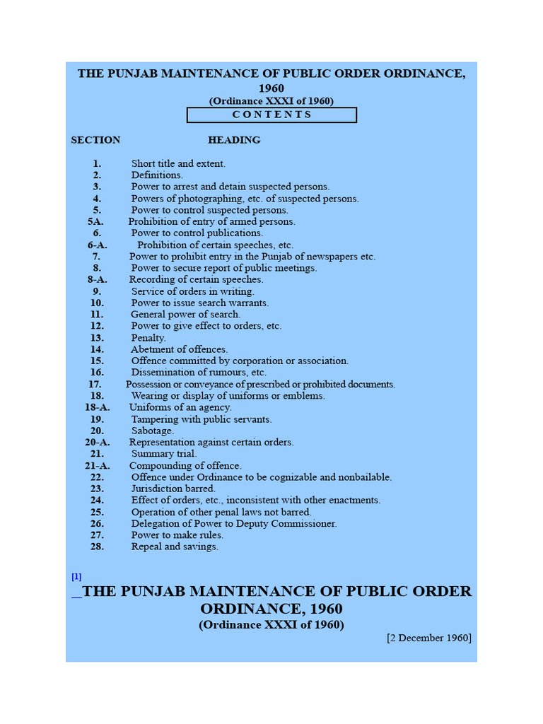 Punjab Public Order Ordinance 1960 | PDF | Arrest | Search Warrant