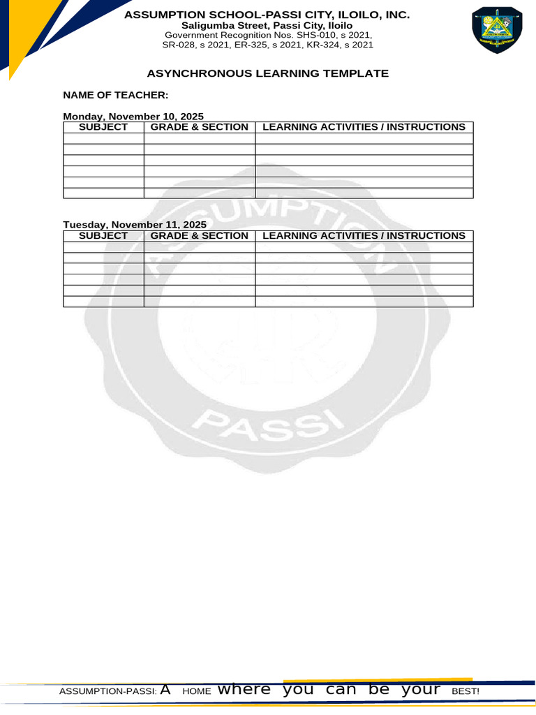 Assumption School Asynchronous Learning Template | PDF