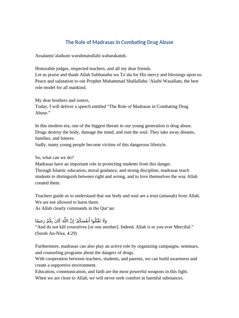 Speech2 Role of Madrasas in Combating Drug Abuse | PDF