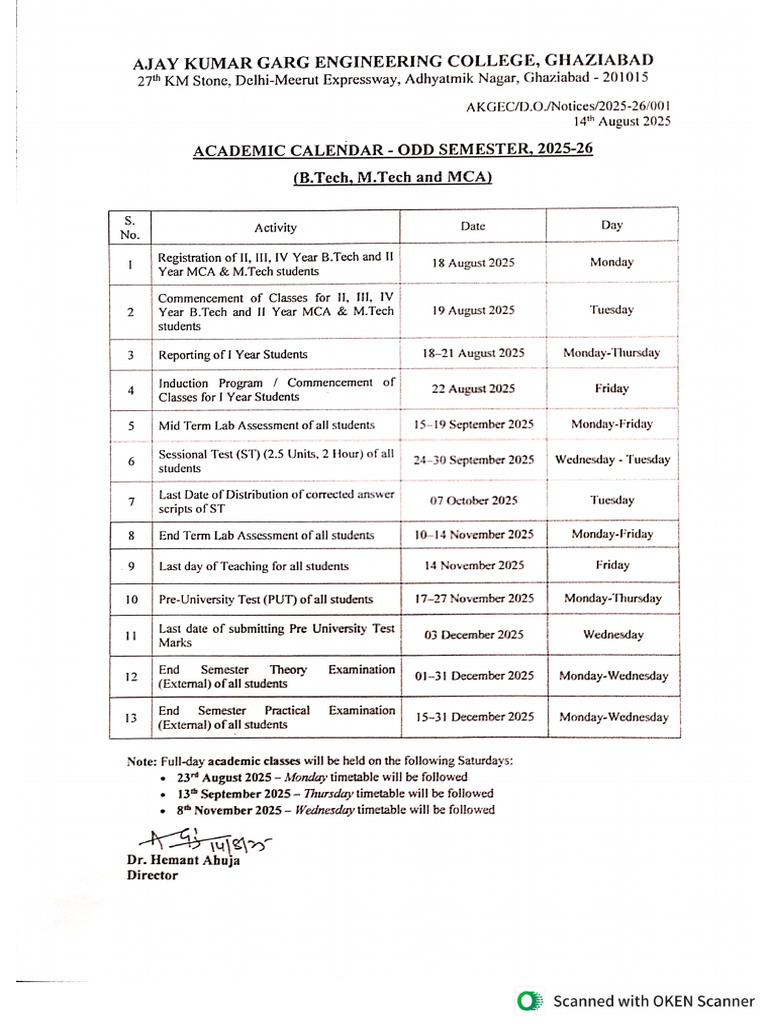 Academic Calendar 2025-26 Odd Semester | PDF
