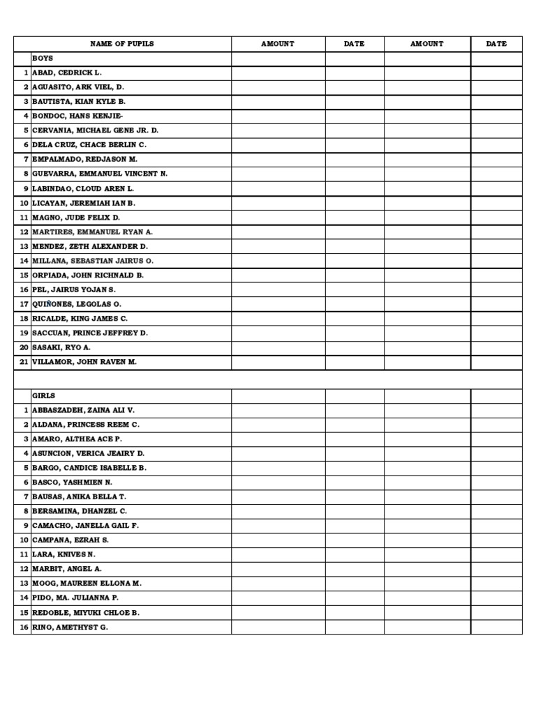Pupils List with Dates and Amounts | PDF