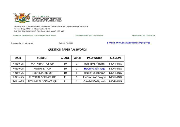 Grade 10-11 Exam Paper Passwords | PDF