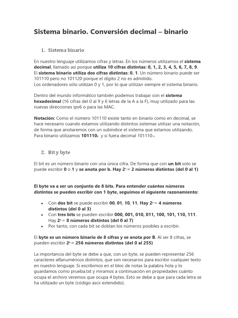 Conversión Decimal a Binario y Bytes | PDF | Poco | Byte